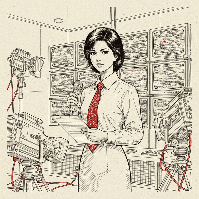 Anchor-chan on set in front of the CRT wall