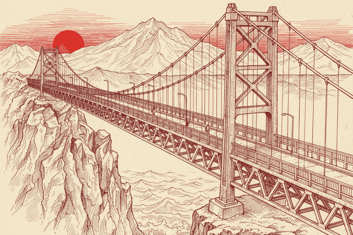 Long suspension bridge across cliffs with red sun